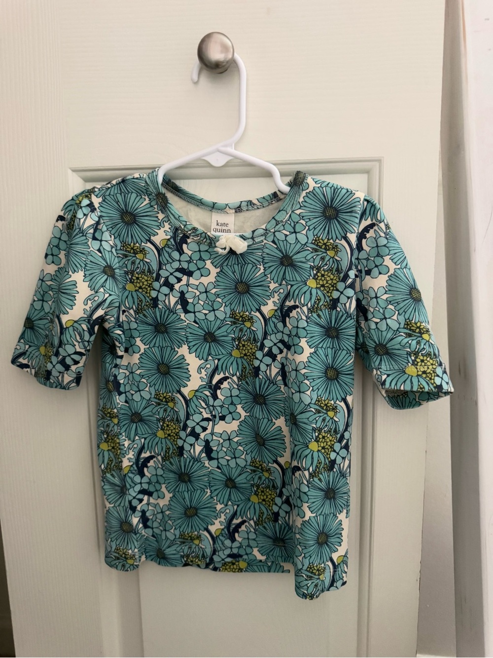 kate quinn Teal Floral Short Sleeve Tee with Yellow Accents